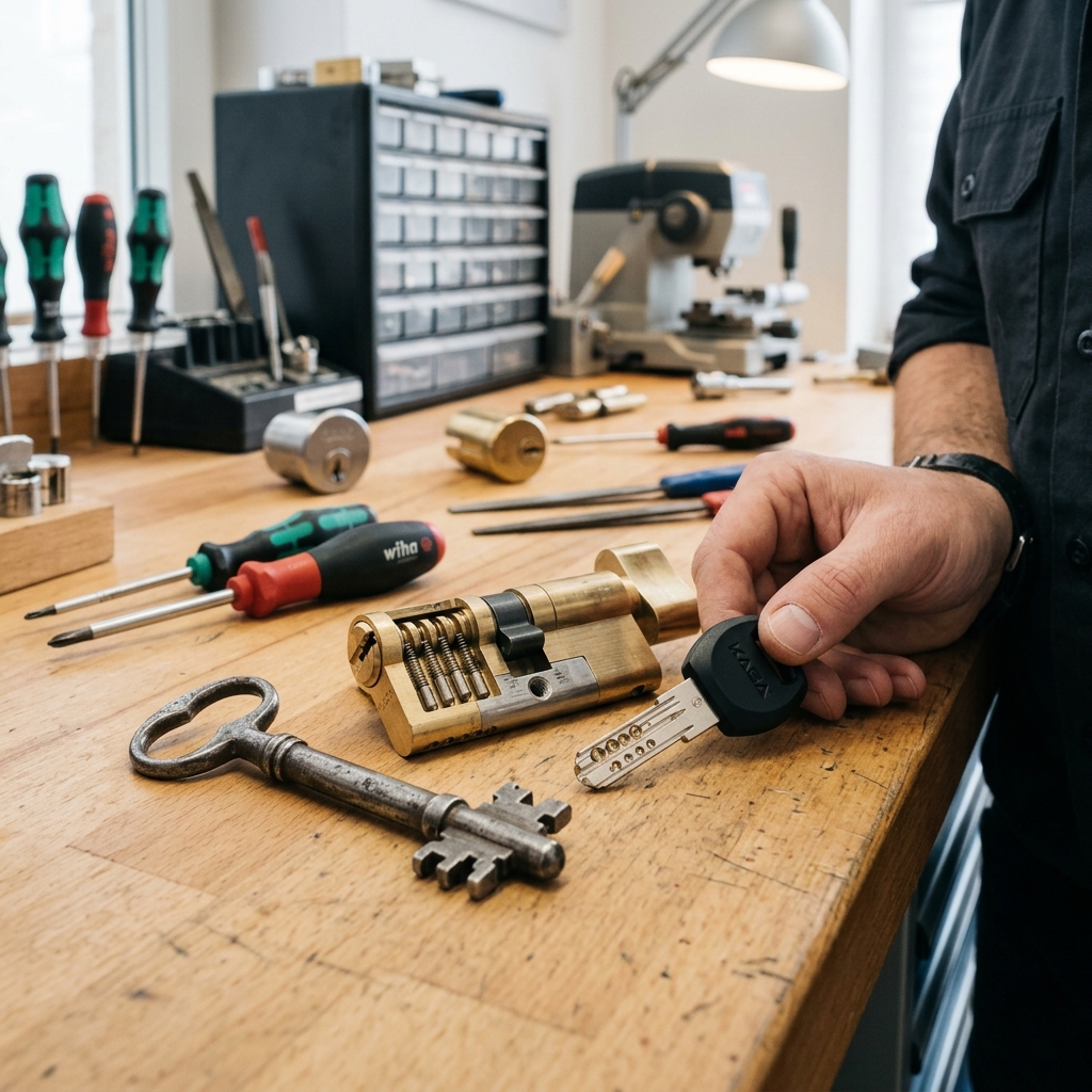 Llaves de gorja artesanales sobre superficie de taller
